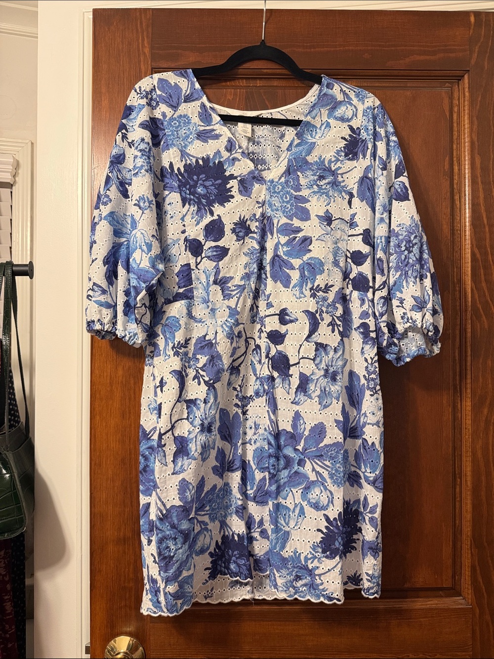 H&M White Eyelet Dress with Blue Floral Print